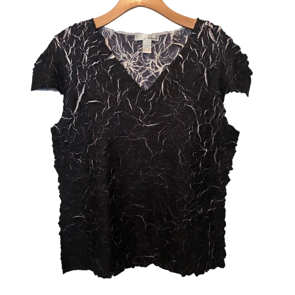 WDNY Top Crinkle Grunge Black Metallic Rockstar Rock Punk Shirt Sz L